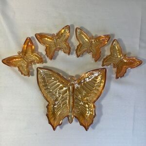 Vintage Jeanette Glass Marigold Iridescent Carnival Glass Butterfly Dish 5pc Set